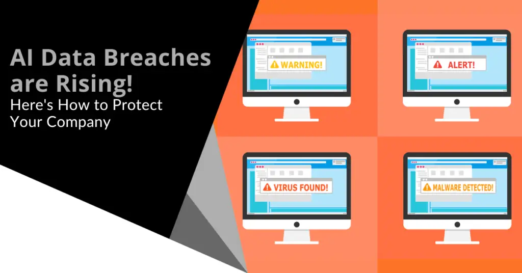 Graphic highlighting the rise of AI data breaches with four warning screens displaying “WARNING!”, “ALERT!”, “VIRUS FOUND!”, and “MALWARE DETECTED!” on computer monitors.
