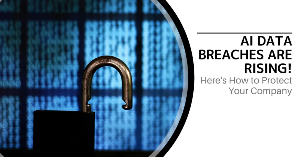 A broken padlock against a backdrop of binary code, highlighting the concept of AI data breaches and cybersecurity vulnerabilities.  Brivy IT