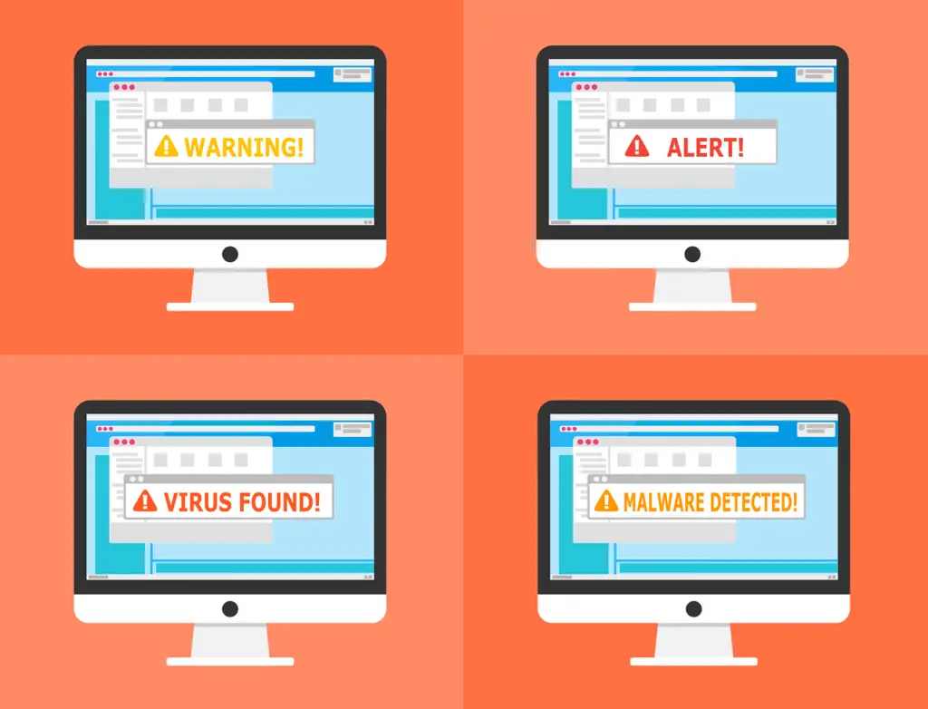Four computer screens displaying different security warning messages: “Warning!”, “Alert!”, “Virus Found!”, and “Malware Detected!” on an orange background.
