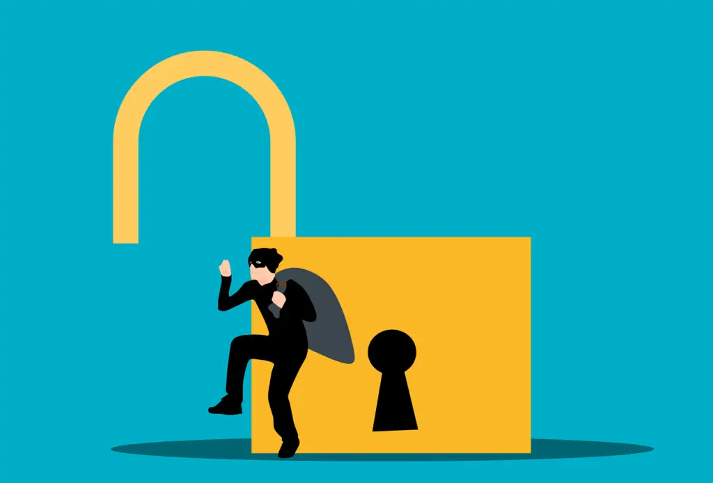 Illustration of a thief in black attire carrying a bag, sneaking out of a large, yellow, unlocked padlock, symbolizing a security breach or data theft.
