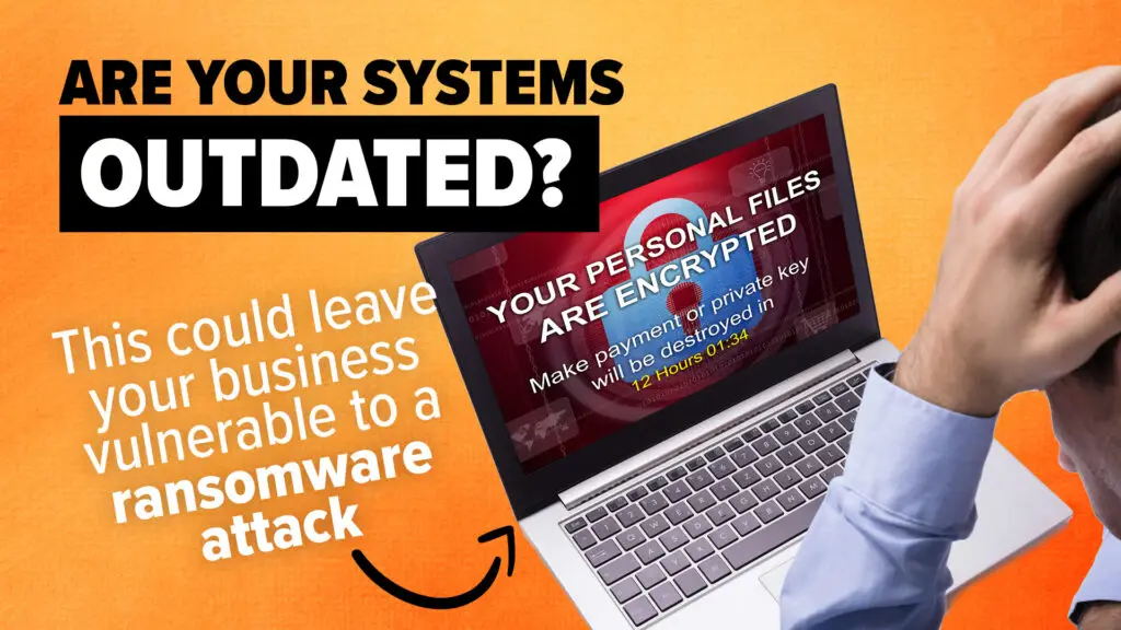 Person holding their head in frustration while looking at a laptop screen displaying a ransomware attack message, warning of outdated systems and cybersecurity vulnerabilities.