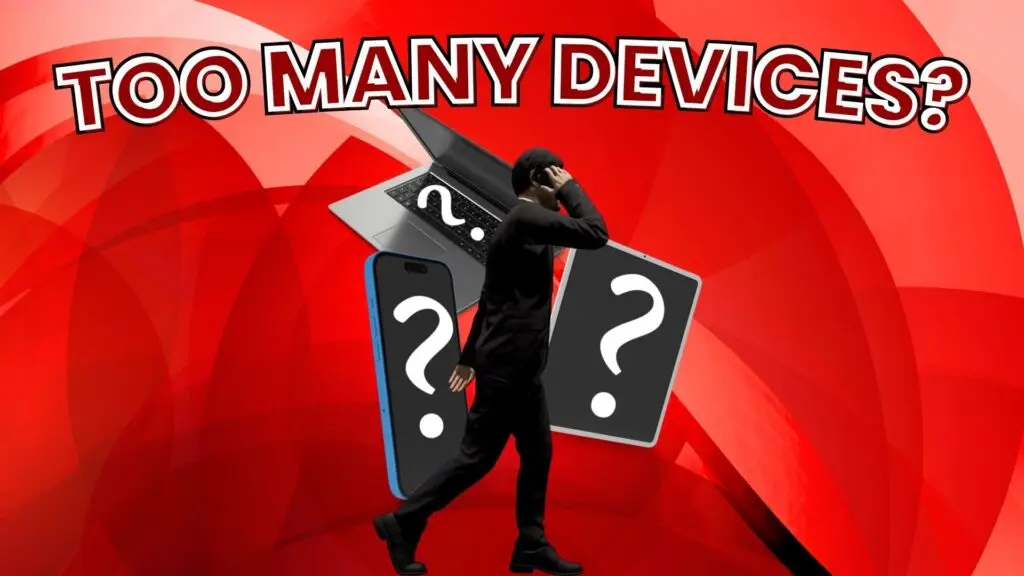 Frustrated person walking among multiple electronic devices with question marks, symbolizing tech confusion and device overload.