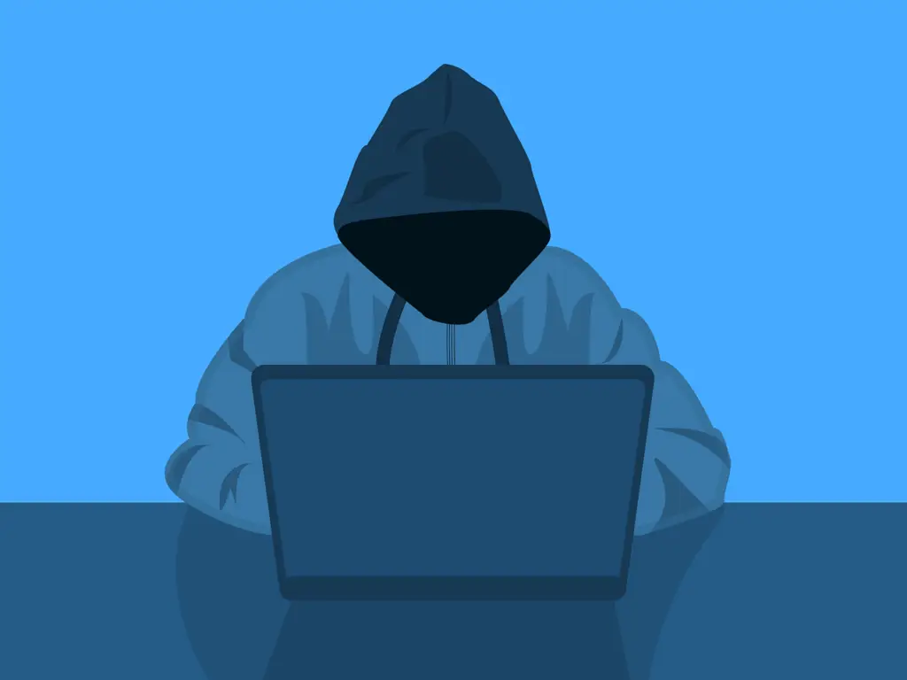 Illustration of a hooded hacker sitting at a laptop, symbolizing cybercrime and online threats.