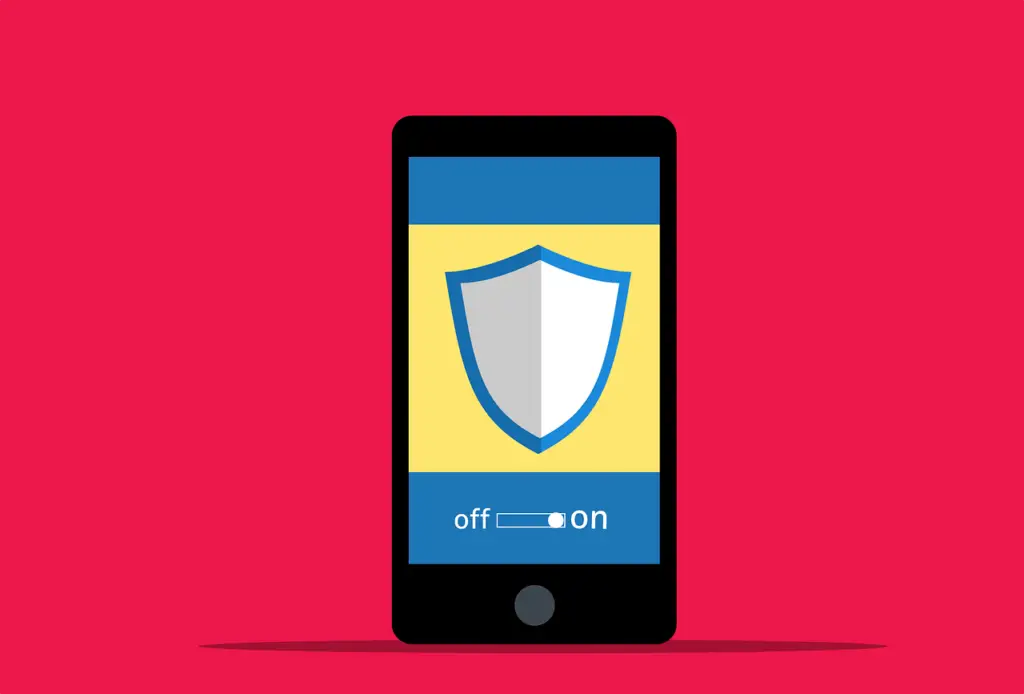 Illustration of a smartphone with a shield icon and a toggle switch set to “on,” representing mobile device security and protection.