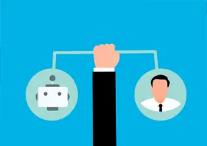 Illustration of a hand balancing icons of a robot and a human representing AI and human collaboration  Brivy IT