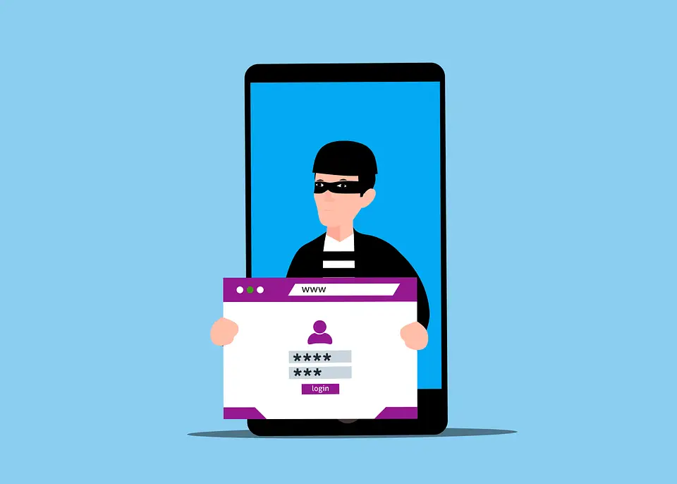 Illustration of a cybercriminal stealing login credentials from a mobile device representing phishing and identity theft risks