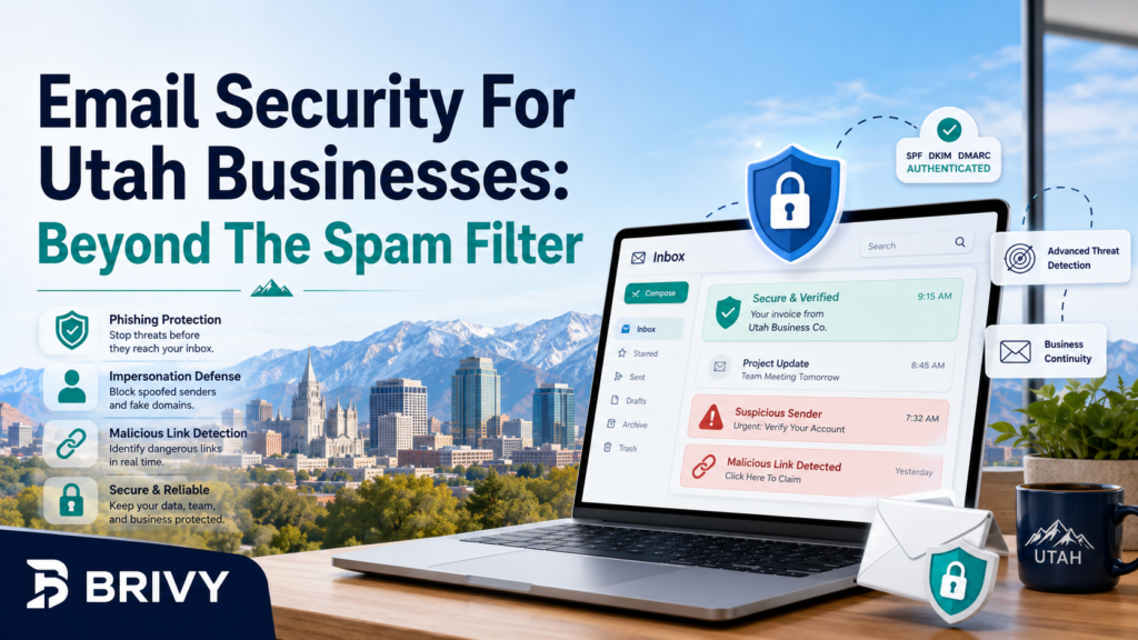 Banner promoting email security for Utah businesses with a laptop screen showing security alerts and a Brivy logo.