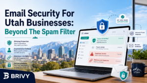 Email Security for Utah Businesses Beyond the Spam Filter Banner promoting email security for Utah businesses with a laptop screen showing security alerts and a Brivy logo.