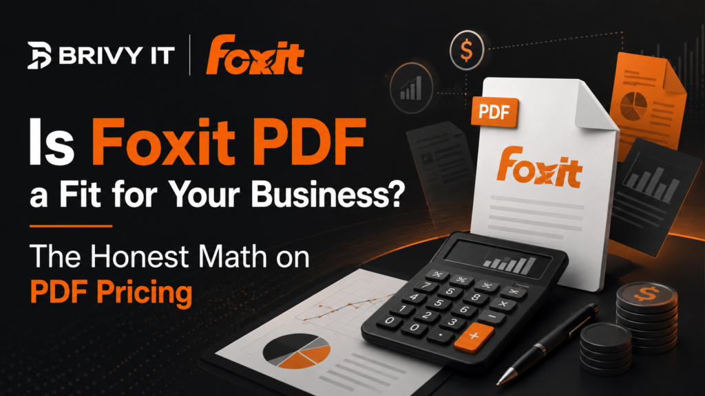 Promotional banner for Foxit's PDF pricing: 'Is Foxit PDF a Fit for Your Business?' with the Foxit logo, calculator, charts, and documents.